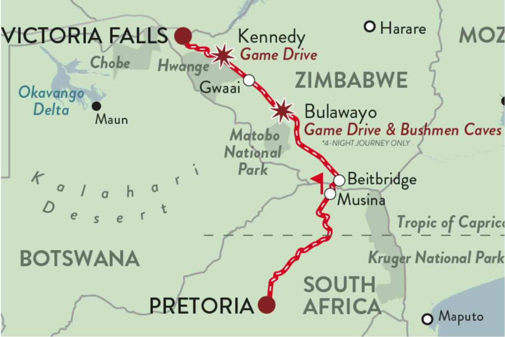 Rovos Pretoria to Vic Falls route map