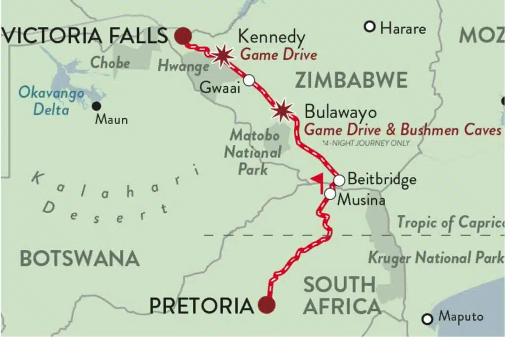 Rovos Pretoria to Vic Falls route map