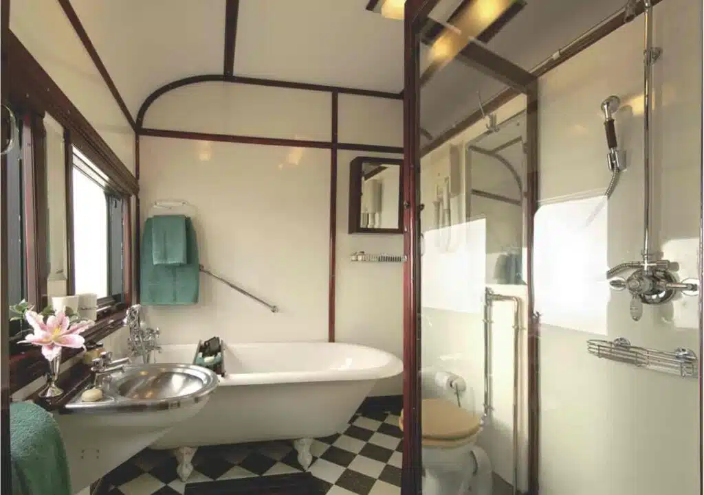 Rovos Rail Royal Suite Bathroom with roll top bath and shower