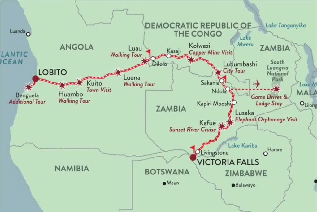 Rovos Rail Lobito to Victorial Falls Copper Trail route map