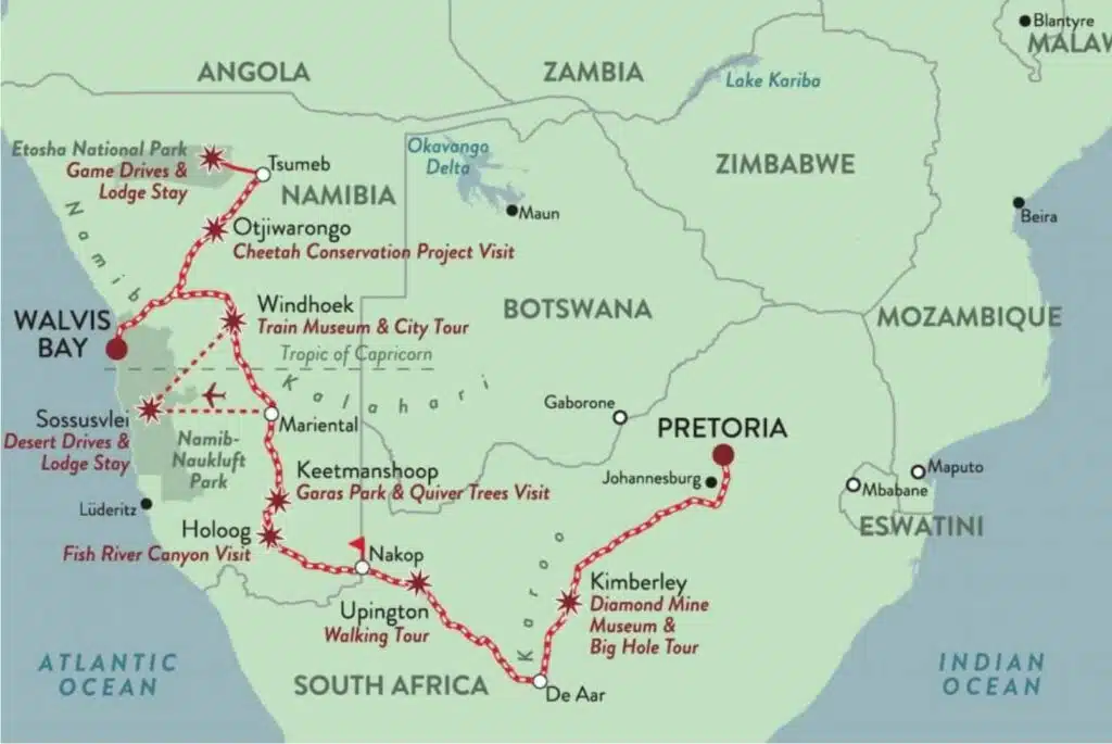 Rovos Rail Walvis bay to Pretoria route map