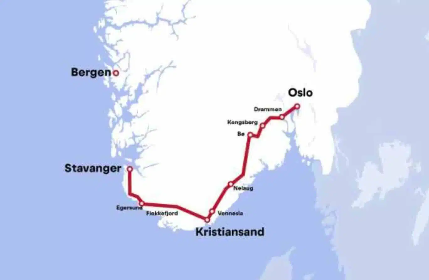 norways sorland railway line route map