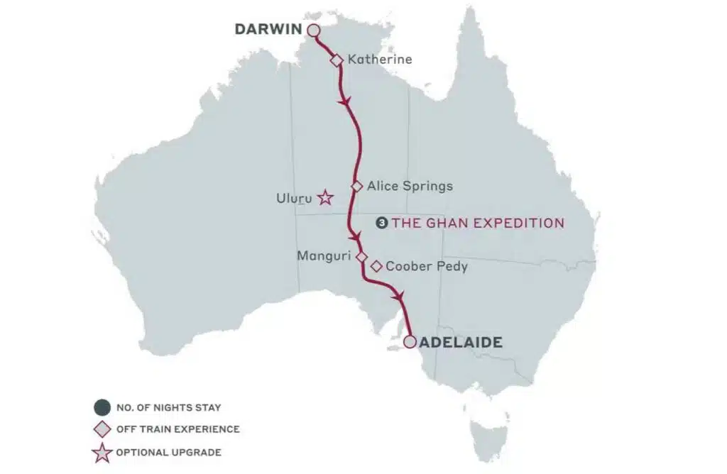 route map of the Ghan from Adelaide to Darwin
