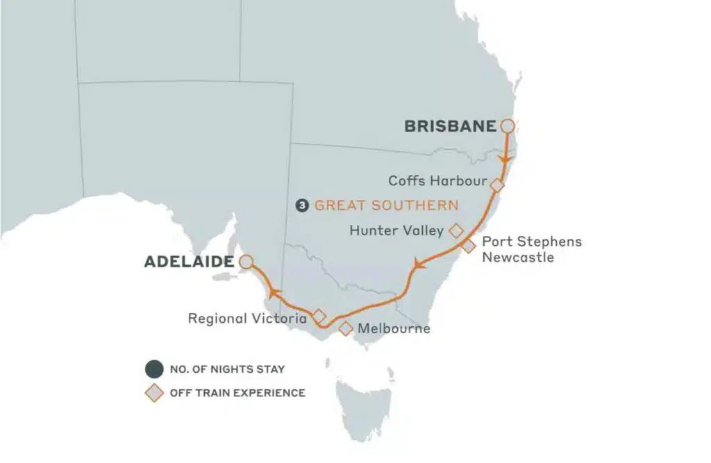 route map of the Great Southern train Australia