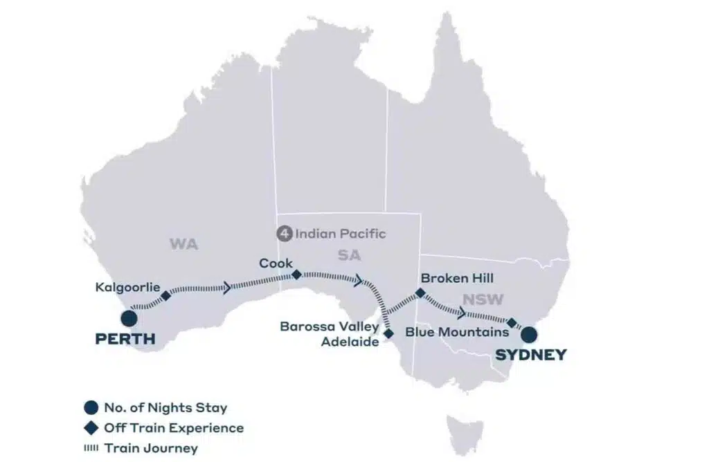 route map of the Indian Pacific train Australia