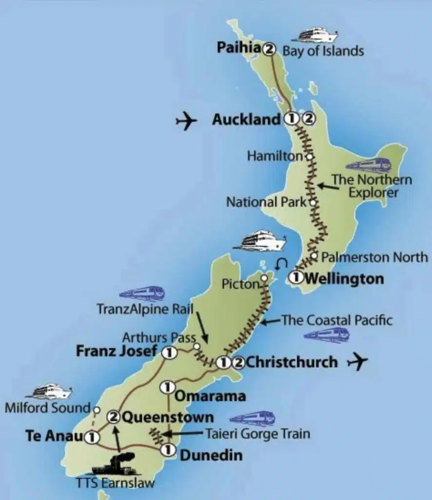 route map of the main New Zealand rail routes